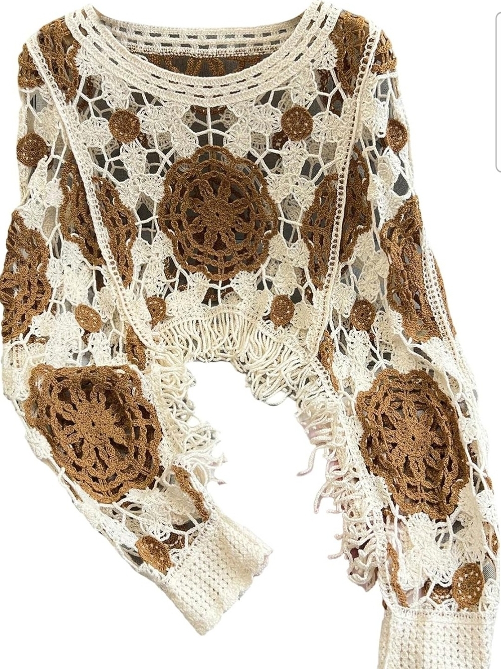 Boho Hollow Out Colorblock Cropped Sweater Fringe Pullover Knit Top